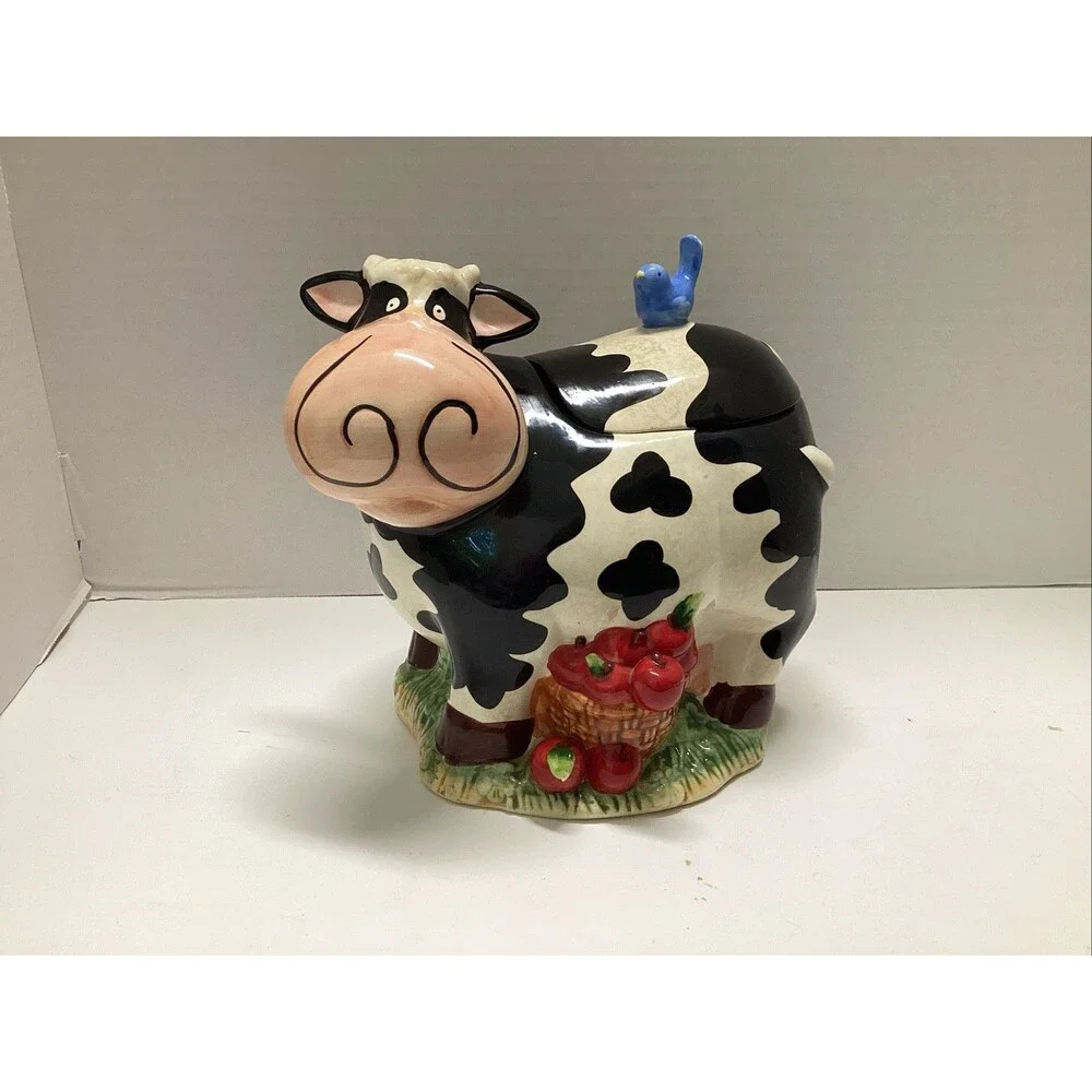 vintage GKRO ceramic cow cookie jar blue bird apples